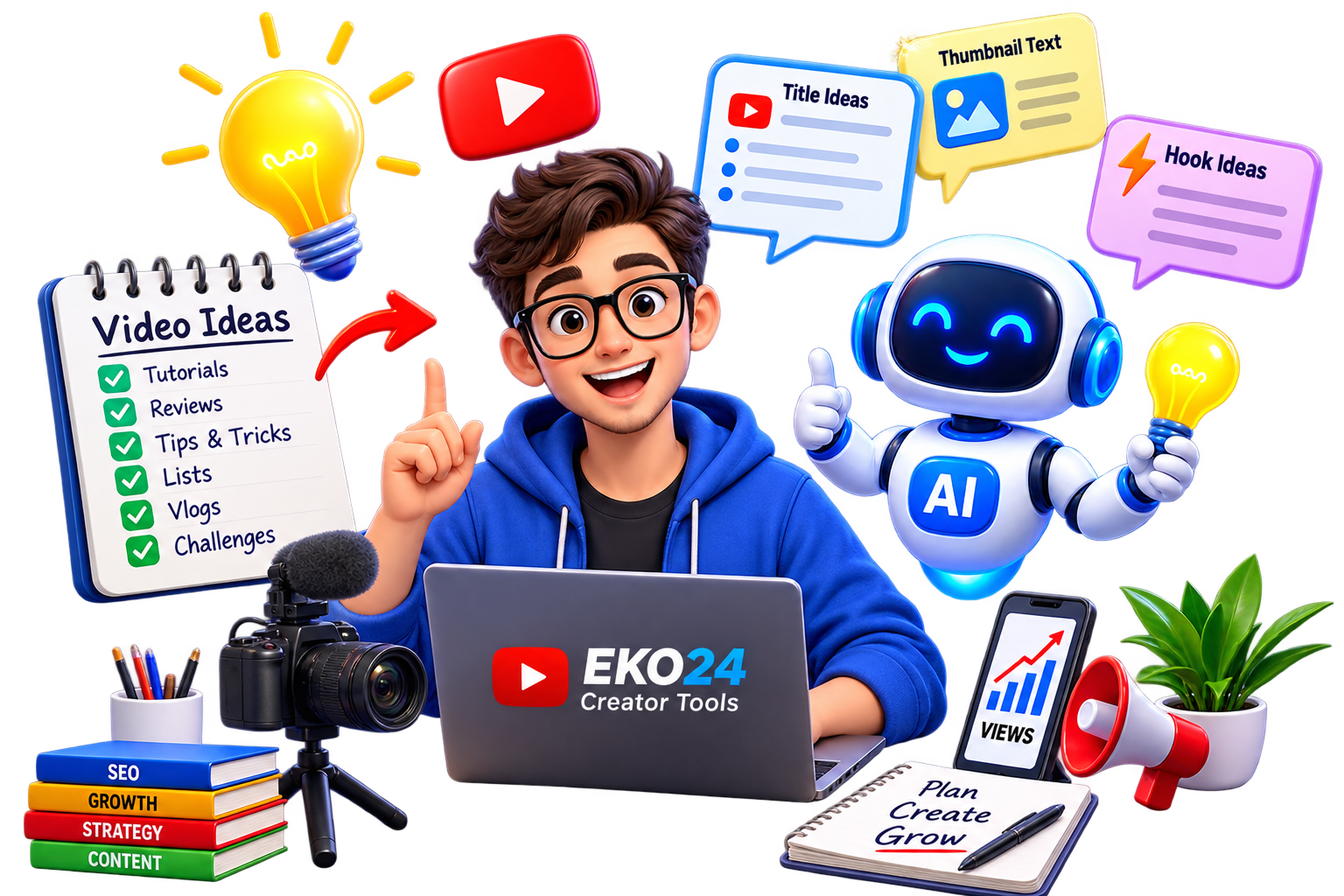 AI YouTube Idea Generator showing video titles, thumbnail text and hooks