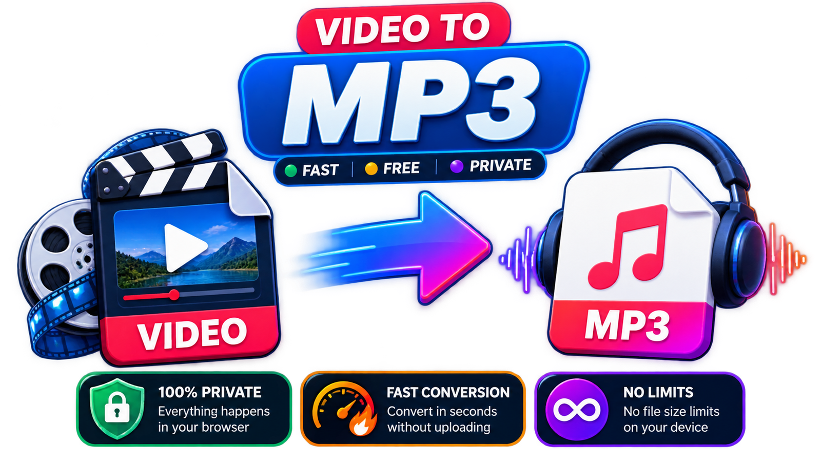 Illustrated guide showing private browser-based video to MP3 conversion and MP3 quality options