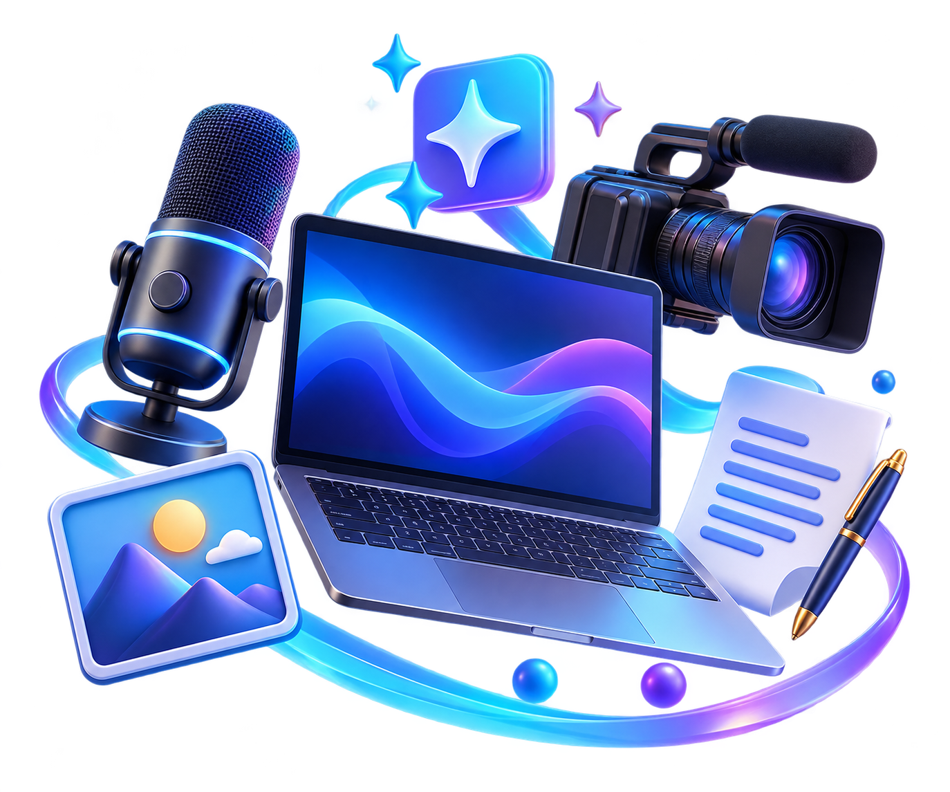 AI toolkit for content creators with a laptop, camera and microphone