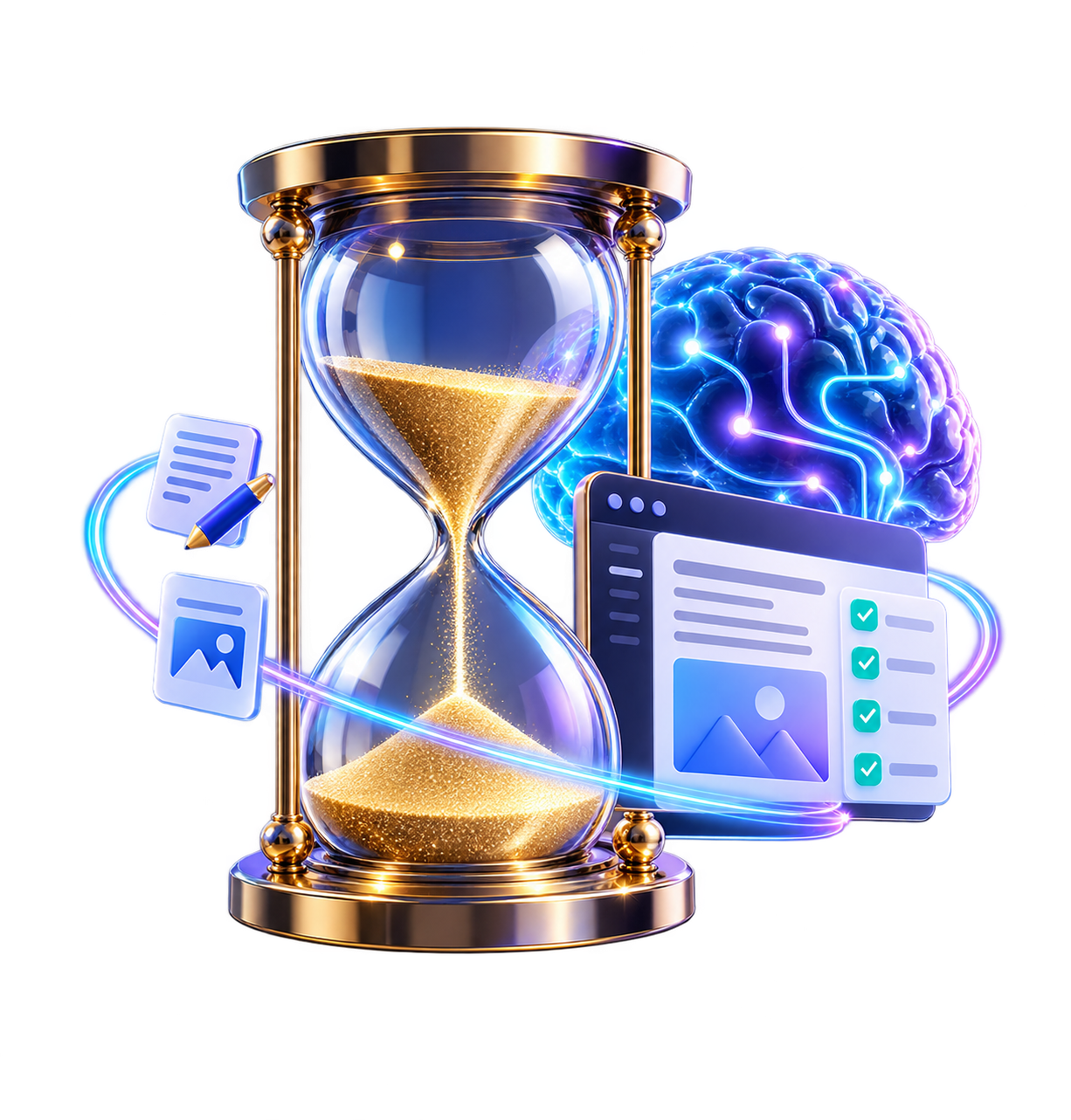 Hourglass and AI tools representing time saved during content creation