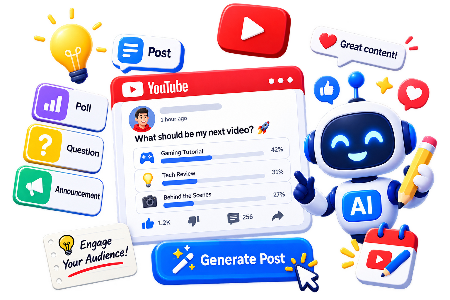 YouTube Community Post Generator for creating posts, polls and questions with AI