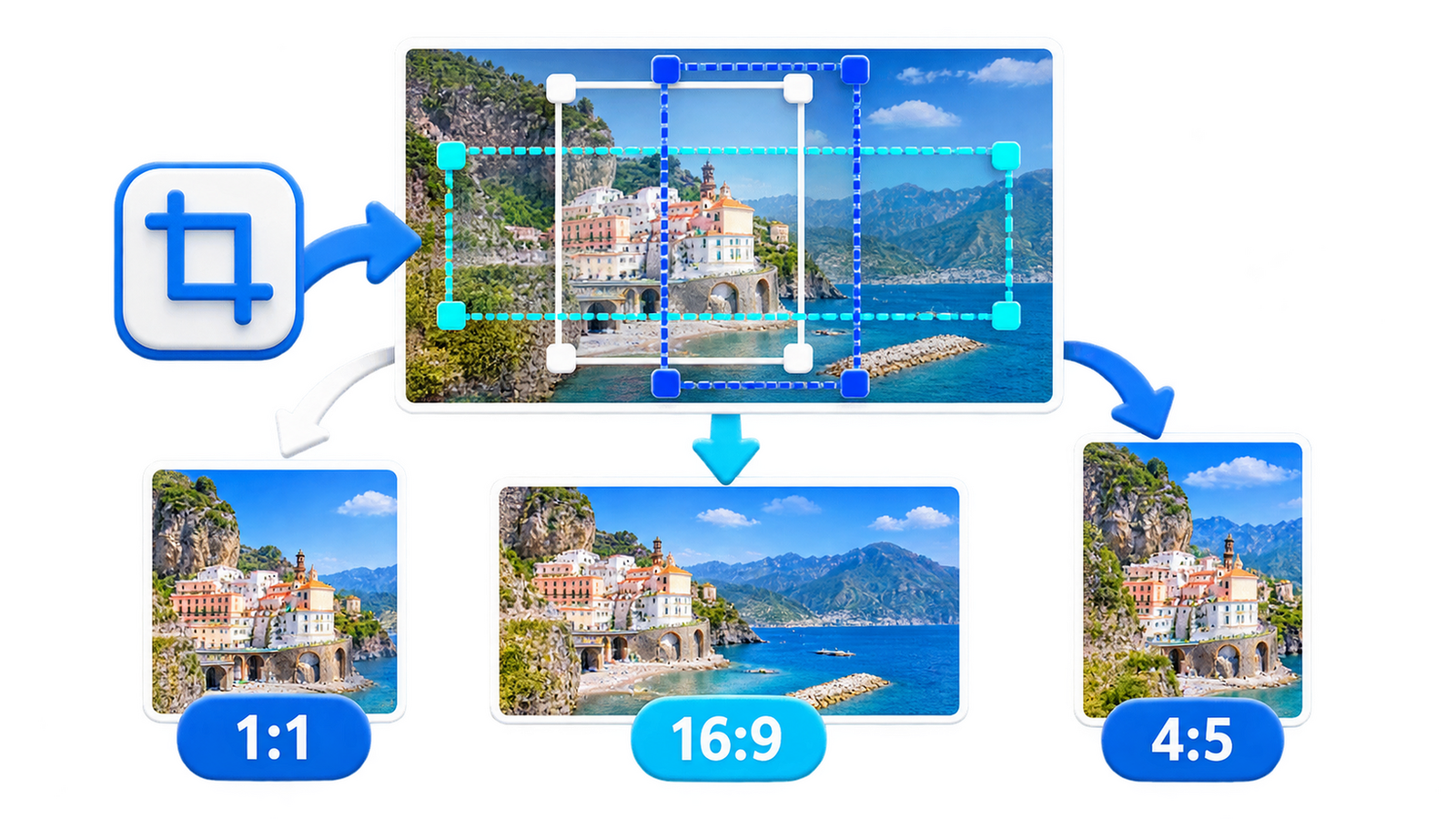 Image cropping examples using 1:1, 16:9 and 4:5 aspect ratios
