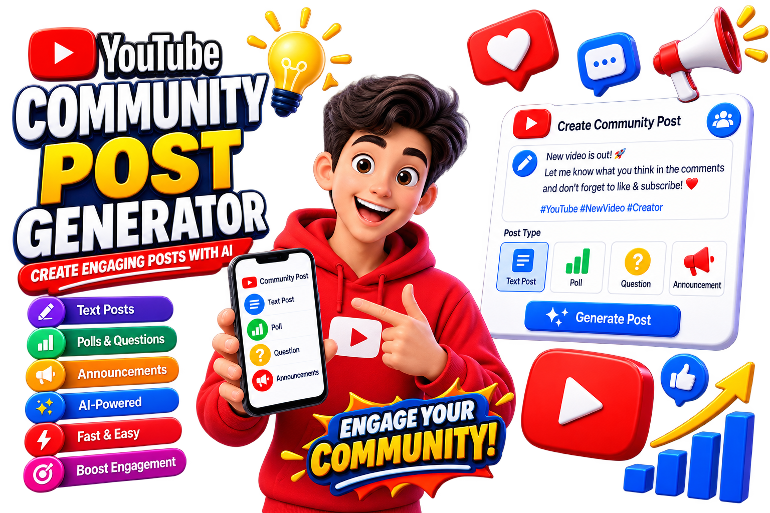 YouTube Community Post Generator for creating posts, polls and questions with AI