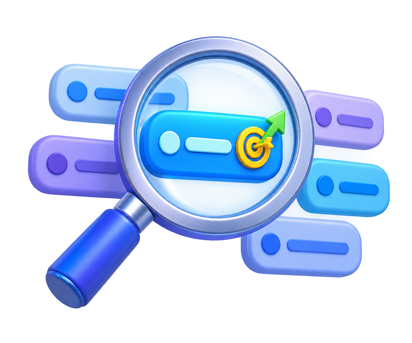 Magnifying glass discovering a focused low-competition keyword