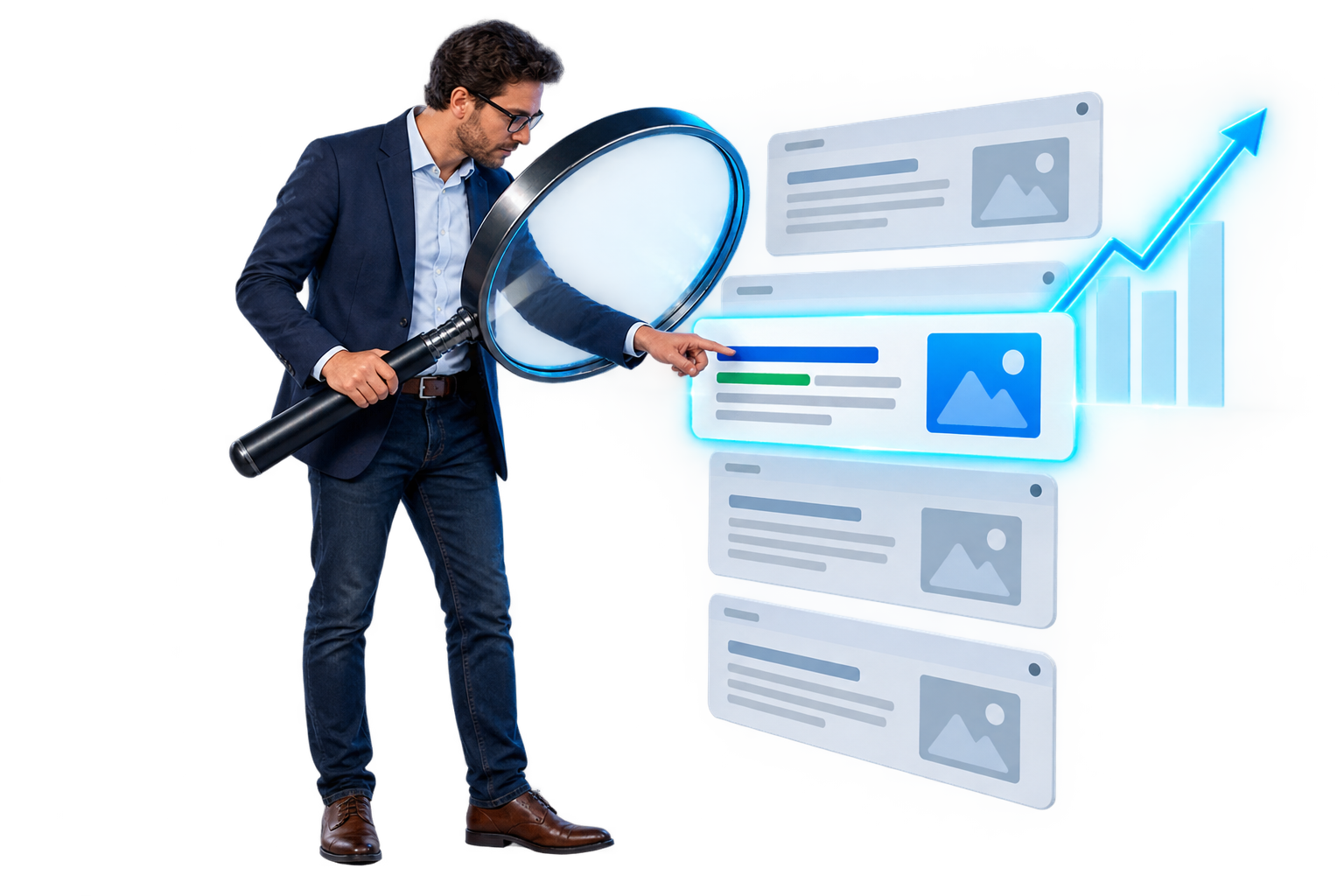 Magnifying glass discovering a focused low-competition keyword