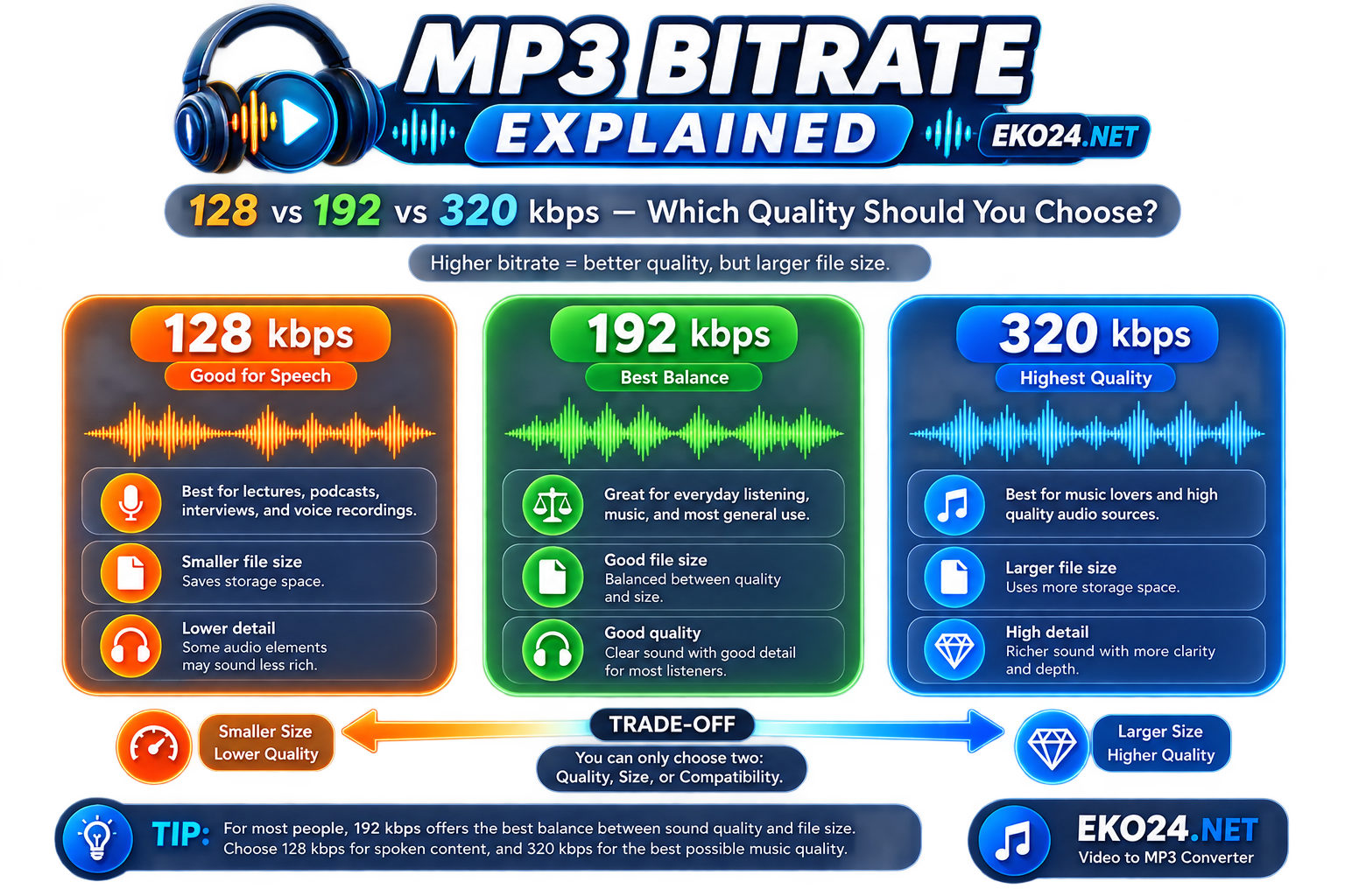 MP3 bitrate comparison showing 128, 192 and 320 kbps with relative audio quality and file size