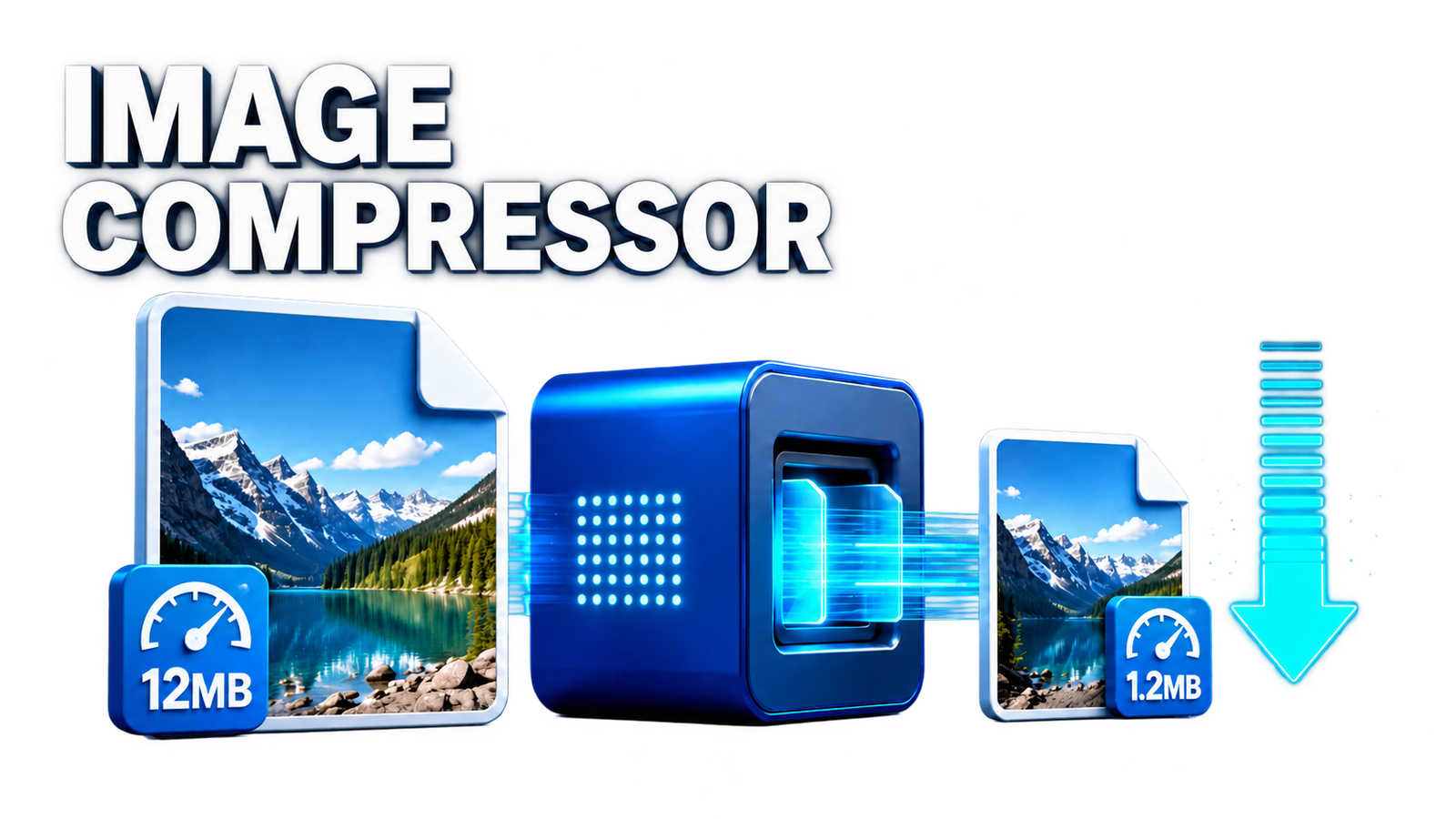 Illustration showing an image compressor reducing file size while preserving visual quality