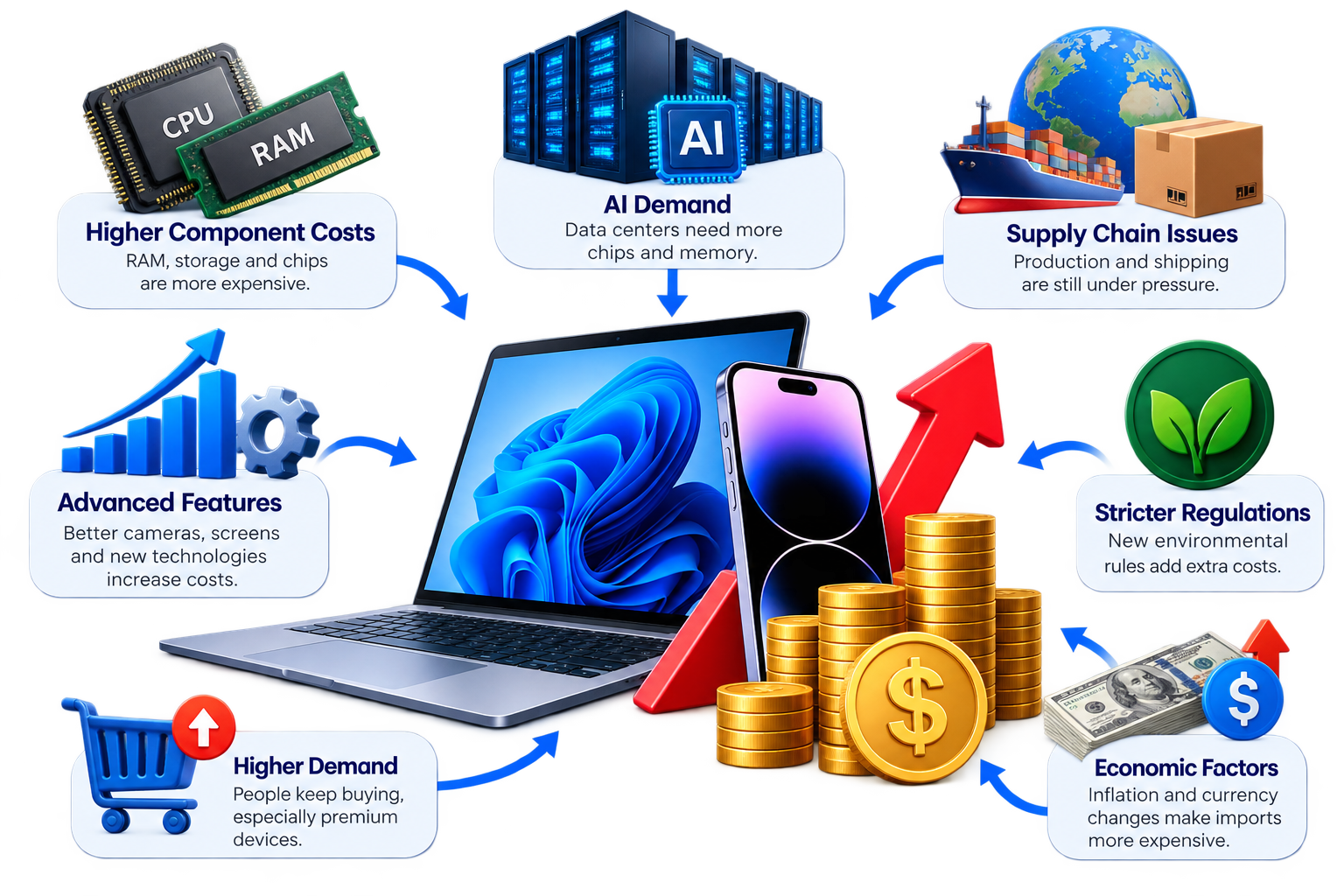 Infographic showing factors behind rising smartphone and laptop prices